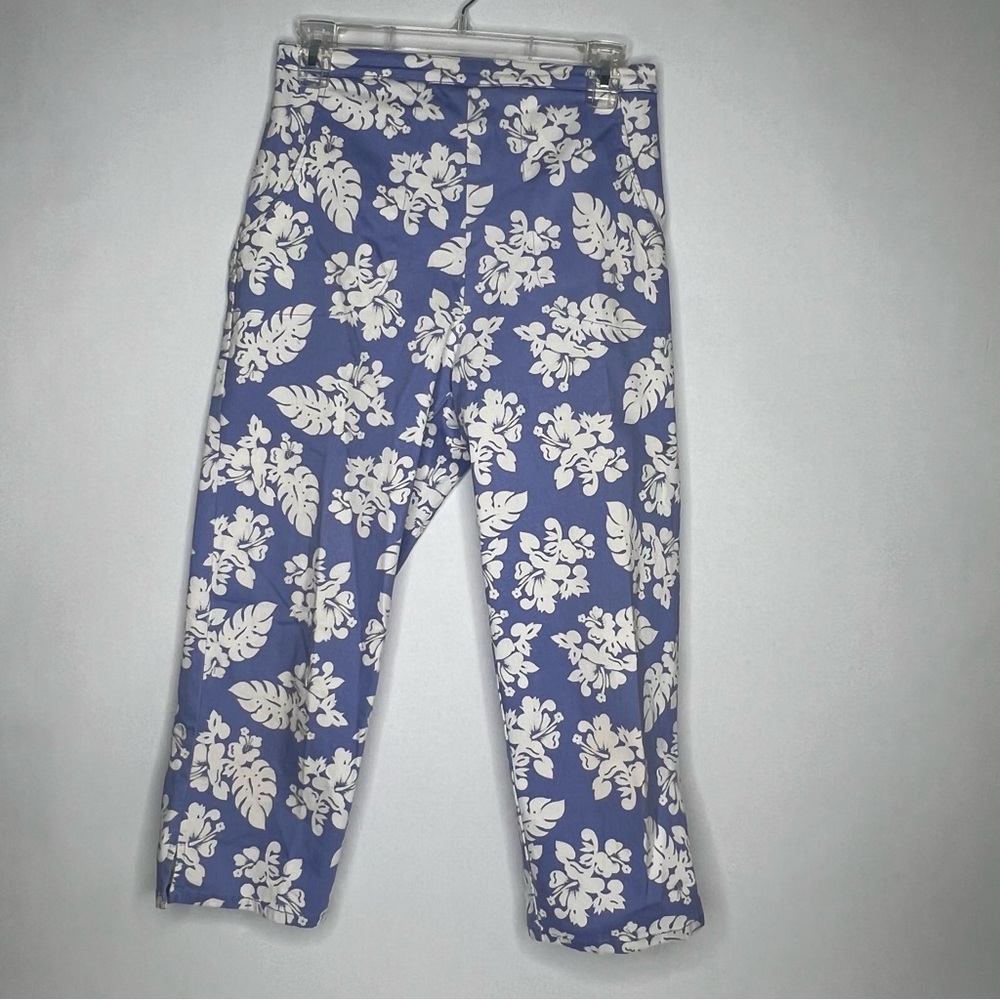 Denim & Co Womens Pull On Pants Size M Blue White Floral High Rise Elastic Waist